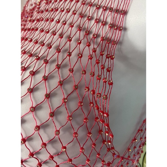 Red Top Sleeveless Rhinestone Wide Mesh Shell Tank Embellished Netting Holiday - Picture 6 of 6